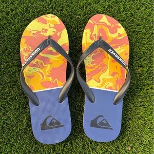 Quiksilver Men’s Flip Flops - Blue, Orange & Yellow Flame Print